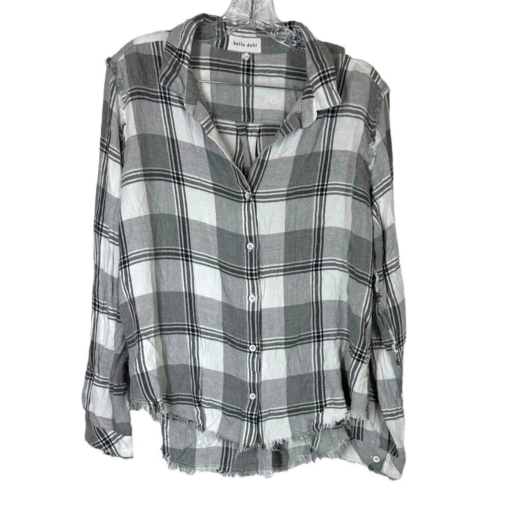 Bella Dahl Black & White Plaid Button Front Blouse Raw Hem Large